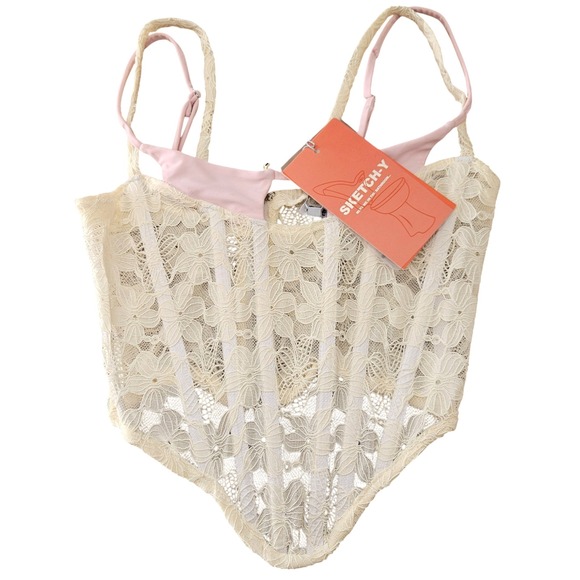 Sketch-Y Aelia Corset in Ivory Yellow & Baby Pink NEW S Repaired Strap - Picture 6 of 14